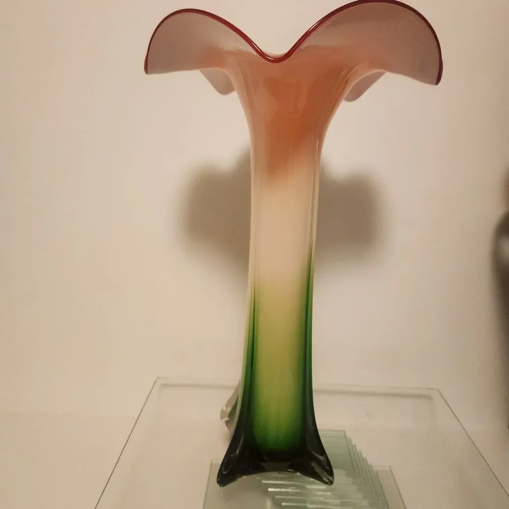 Vintage Murano Style Art Glass Vase 5 Petal- Colorful Calla Lily Design -